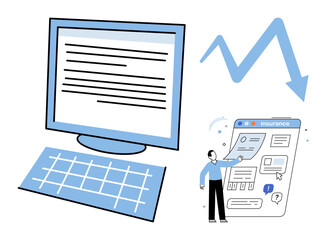 Fototapeta premium Computer screen and man analyzing insurance documents with a downward arrow vector illustration. Financial crisis, market crash, economic loss, insurance risk, business failure, data analysis
