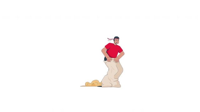 Man participating in traditional Indonesian sack race 2D character animation. Guy competing during Independence Day celebration animated person cartoon 4K video isolated on transparent background