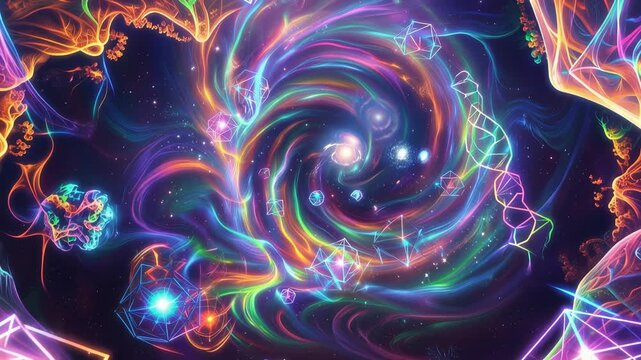 Psychedelic fantasy realm with luminous fractal landscapes, swirling rainbow energy, crystalline portals, celestial galaxies, 4K video