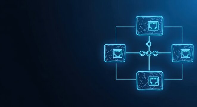 Digital Network Connections Represented by Glowing Blue Ethernet Ports and Lines on a Dark Futuristic Background