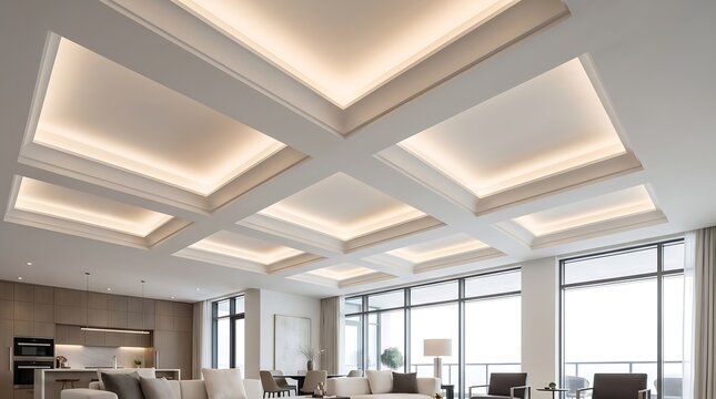 Modern living room ceiling with recessed led lighting