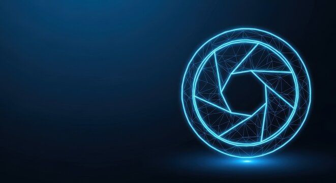 Glowing blue neon aperture of a camera lens with geometric patterns on a dark background