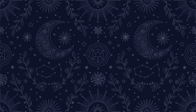 Detailed celestial magic pattern features moons, stars, constellations, and delicate leaves on a dark background.