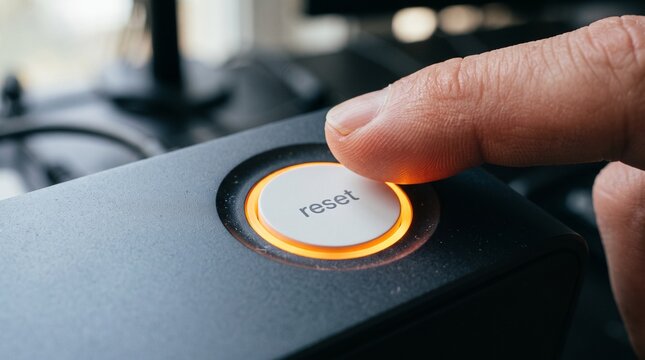 Close-Up of Human Finger Pressing Glowing Orange Reset Button on White Modern Device for Concept of Fresh Start and System Reboot