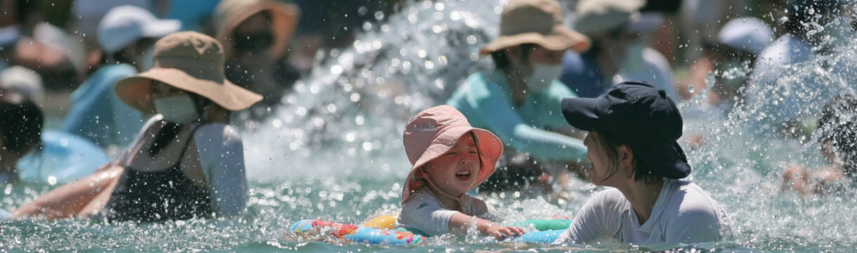 Summer Splash Fun: Children and adults enjoy a refreshing day at a water park, splashing and playing in the cool blue water under the bright summer sun.