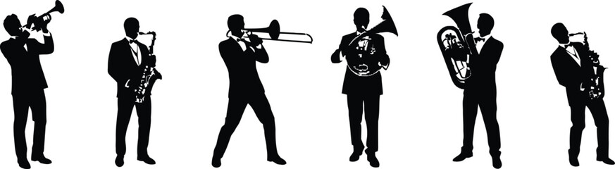 Brass Band Musicians Performing with Trumpet, Trombone, Saxophone, Tuba and French Horn Silhouette Vector Illustration Collection Set © MstDulali
