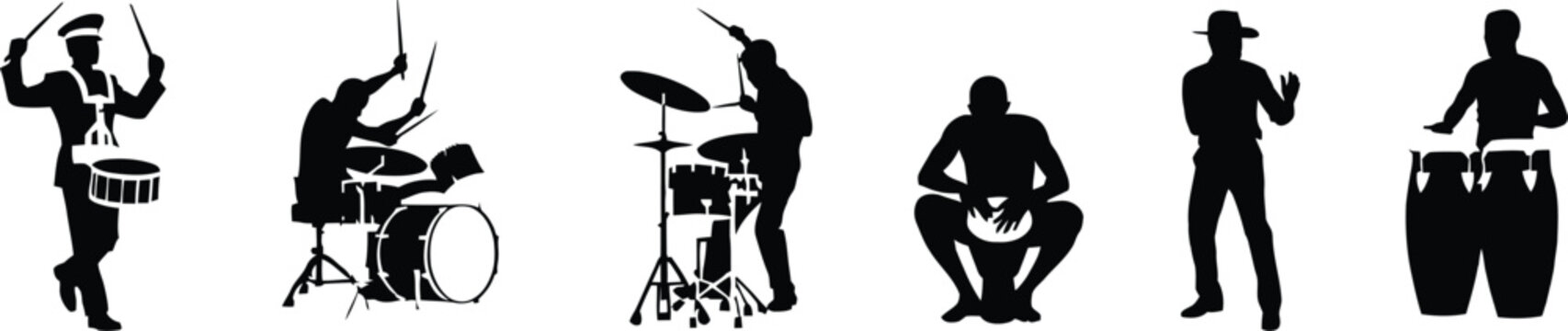 Black Silhouette Percussion Musicians Collection Featuring Marching Drummer Drum Kit Conga Players Hand Drum Performance Vector Illustration Set