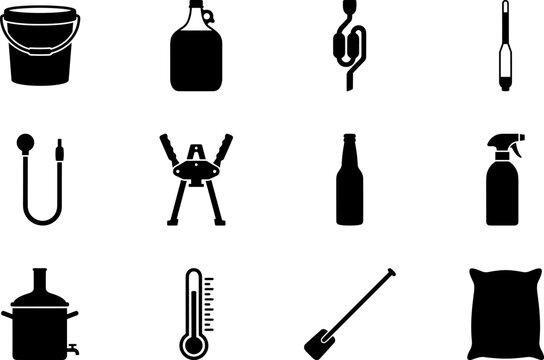 Home brewing equipment icons set including carboy airlock capper kettle hydrometer vector silhouettes