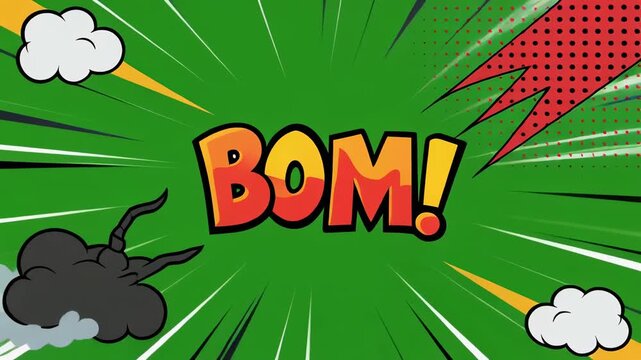 Explosive comic book sound effect 'BOM' animation with green rays and clouds for energetic motion graphics