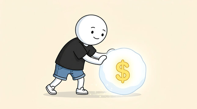 Cartoon character rolling a snowball with dollar sign. Financial growth and wealth concept.