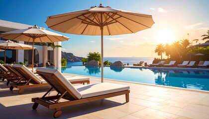 Fototapeta premium Luxury Tropical Hotel Swimming Pool Overlooking the Ocean with Palm Trees, Blue Water, and Paradise Resort Landscape for Relaxing Summer Vacation Travel