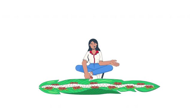 Woman eating traditional kembulan leaf-wrapped rice meal 2D character animation. Communal Indonesian dining experience. Javanese female talking and gesturing animated person cartoon 4K video isolated