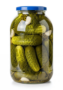 A large glass jar filled with whole pickled cucumbers, isolated on a pure white background