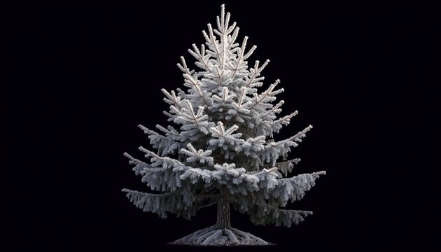 Majestic snow covered evergreen tree against dark background for winter holiday decor with standing isolated against deep black backdrop serene mystical winter ambiance