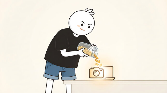 Cartoon character pouring coins into camera icon. Digital monetization and content creator.