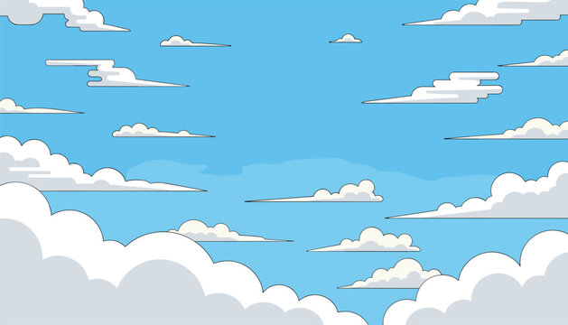 Beautiful bright blue sky background filled with various white stylized clouds in a cartoon vector illustration.