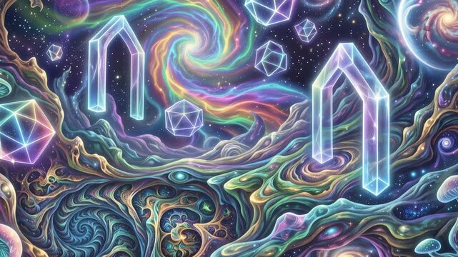 Psychedelic fantasy realm with luminous fractal landscapes, swirling rainbow energy, crystalline portals, celestial galaxies, 4K video