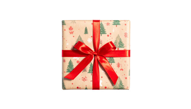 gift box with Christmas pattern wrapping and red bow, Christmas celebration concept, isolated on transparent background.