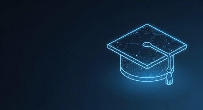 Digital Graduation Cap Symbolizing Academic Achievement and Future Knowledge on Dark Background