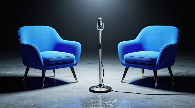 Two blue chairs face retro microphone in dark studio. Bright spotlight illuminates empty furniture set for conversation. Modern interior space prepares for podcast recording live radio interview. Pro