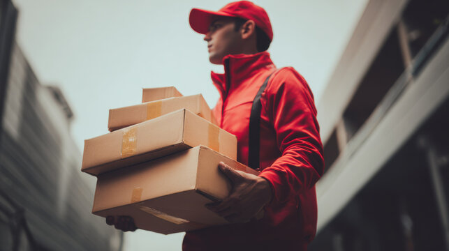 A young Asian man in a red uniform carries multiple cardboard boxes. He stands in an urban environment with buildings in the background.