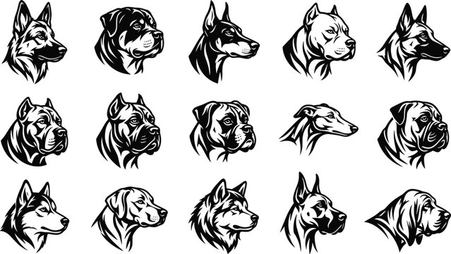 Powerful Dog Breed Head Profile Mascot Icon Set Featuring Strong Guard Canine Tribal Tattoo Vector Logo Designs