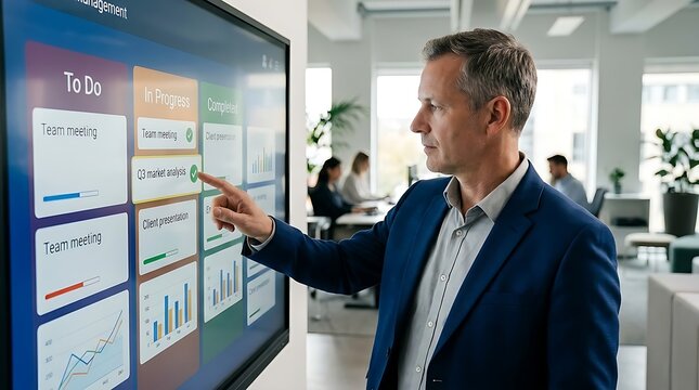 Businessman interacting with a digital board displaying to-do lists and charts in modern office