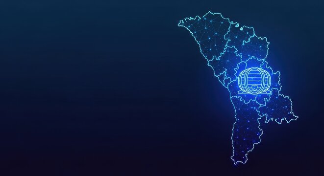 Digital map of Moldova illuminated with global network connections and glowing points