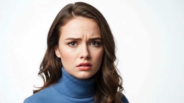 A young woman wearing a blue turtleneck shirt looking worried and concerned