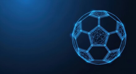 Naklejka premium Futuristic Digital Soccer Ball Wireframe Glowing Blue with Geometric Polygon Design on Dark Background