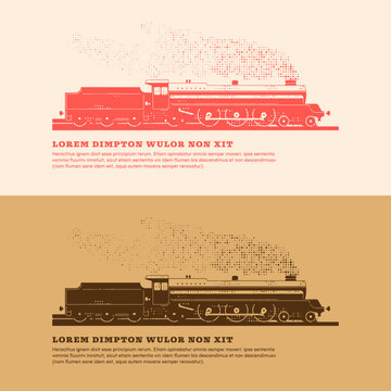 A steam locomotive with a tender. Side view Monochrome image. The colors can be changed