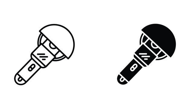 Handheld flashlight equipment icon set in outline and solid black style for adventure gear and outdoor safety tools and lighting utility graphics for emergency preparedness design kits