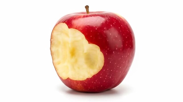 A single fresh red apple with a large bite taken out of the side surface