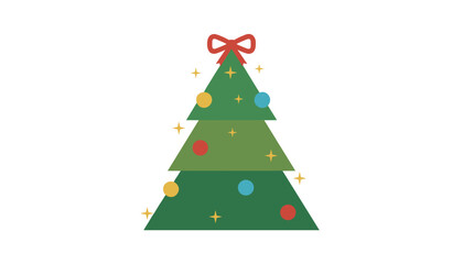 Fototapeta premium Decorated green Christmas tree with a red bow on top, colorful baubles, and sparkling gold stars on a white background.