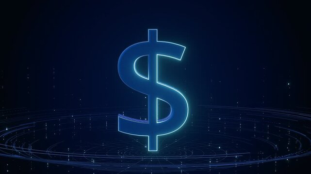 Glowing digital dollar sign on a circular turntable, featuring a wireframe grid, floating particles, and neon blue lighting for a financial and news-style graphic template.
