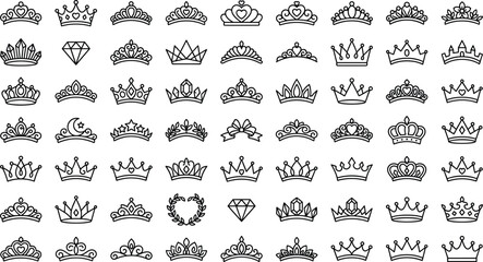 Imperial Coronets and Bridal Tiara Outline Icon Grid Featuring Precious Gem Diamonds Decorative Ribbons Wreath Borders and Majestic Headpieces for Fantasy Royalty Branding © MD