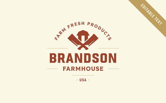 Retro butchery farm meat vector logo template with editable text provides local butcheries and organic gourmet food markets a rustic vintage branding solution for premium packaging