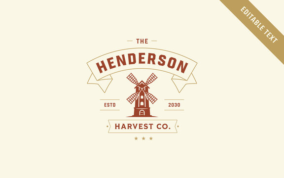 Old windmill agricultural farm vector logo template with editable text banner provides traditional bakeries and organic flour mills a rustic heritage emblem for premium healthy food packaging