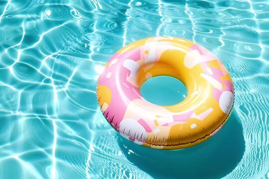 Colorful donut pool float drifting on clear blue swimming pool water