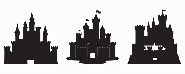 Elegant black silhouette collection featuring medieval castles with towers, gates, flags, and fortified walls. Perfect for fairy tale illustrations, fantasy games, children's books, historical themes, © MD Rokib Adobe