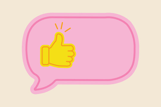 Thumbs up emoji icon inside a pink speech bubble vector illustration with copy space