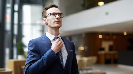 Fototapeta premium A young Caucasian man with glasses adjusts his tie in a modern office lobby. He wears a blue suit and appears confident and professional.