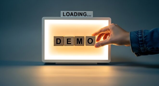 A hand places wooden blocks spelling "DEMO" in front of a lit box, with "LOADING..." above