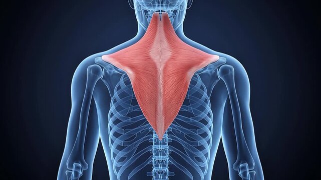 3D Medical Illustration of Human Trapezius Muscle Tension Shoulder Neck Anatomy on Blue Background
