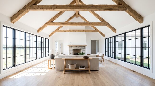 Bright living room with vaulted ceiling exposed beams and large
