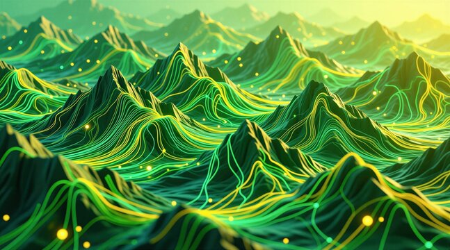 Abstract green and yellow mountain range with glowing neon lines and dots. Digital landscape with futuristic terrain and data streams. Network flow concept art.