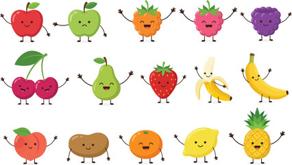 Fototapeta premium Cute cartoon fruits vector illustration set, friendly organic food characters collection with different facial expressions isolated on white background