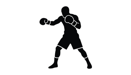 Obraz premium Black silhouette of a male boxer in active fight stance wearing boxing gloves isolated on a clean white background.