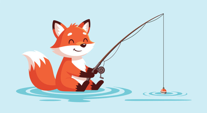 Cute cartoon fox sitting on water and patiently holding a fishing rod to catch a fish in the quiet river.