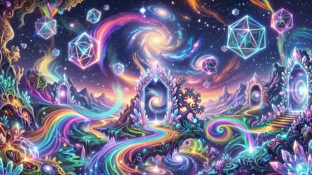 Psychedelic fantasy realm with luminous fractal landscapes, swirling rainbow energy, crystalline portals, celestial galaxies, 4K video